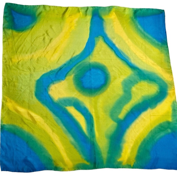 Artisan Silk Hand Rolled Scarf Hand Dyed 35”Square Green Blue Abstract - Picture 1 of 1